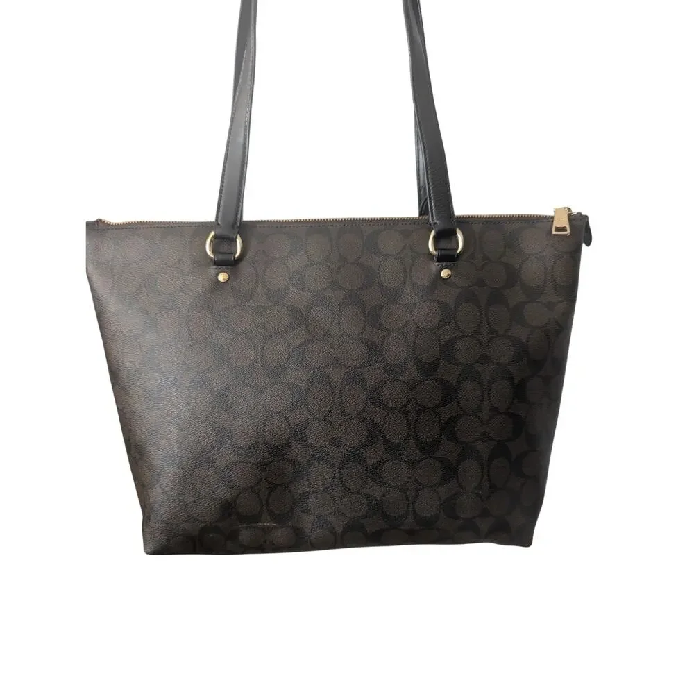 Coach Brown Signature Canvas Tote with Black Handles and Gold Hardware